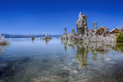 Scenic view of sea against clear blue sky