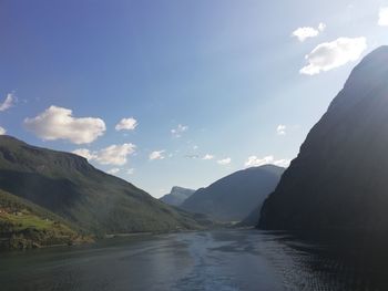 Scenic view of lake and mountains against sky