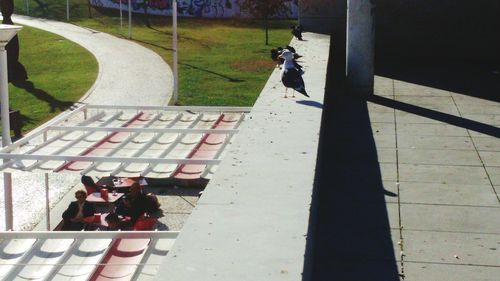 High angle view of woman shadow on railing