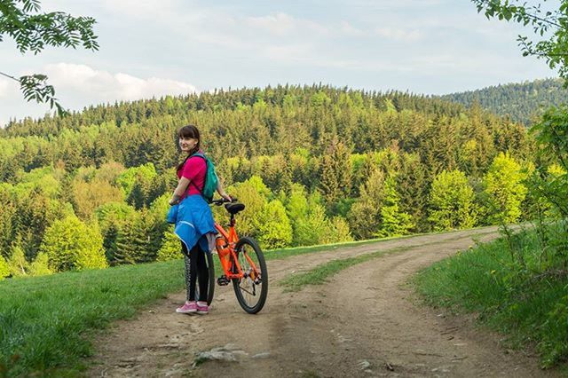 transportation, full length, bicycle, rear view, the way forward, lifestyles, riding, mode of transport, land vehicle, road, men, leisure activity, tree, dirt road, casual clothing, walking, sky, on the move