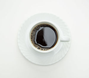Directly above shot of coffee cup over white background