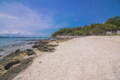 Scenic view of beach against blue sky