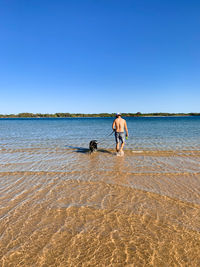 View of a man and his dog on beach against clear sky