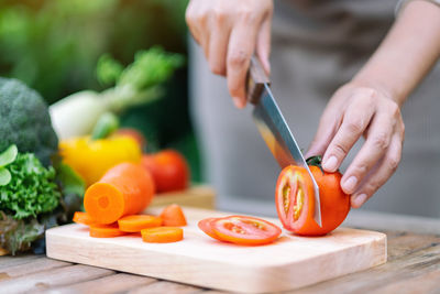 Midsection of man preparing food on cutting board