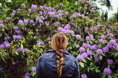 Rear view of woman in braided hair standing against purple flowering plants