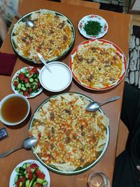 High angle view of meal served on table