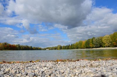 Scenic view of lake against cloudy sky