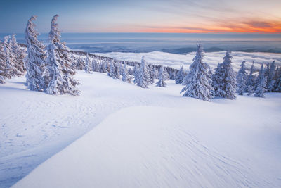 Snow covered landscape against sky during sunset