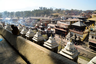 High angle view of buildings against clear sky