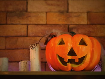 Close-up view of illuminated halloween pumpkin