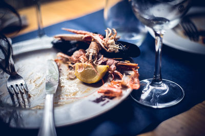 High angle view of meat in plate on table