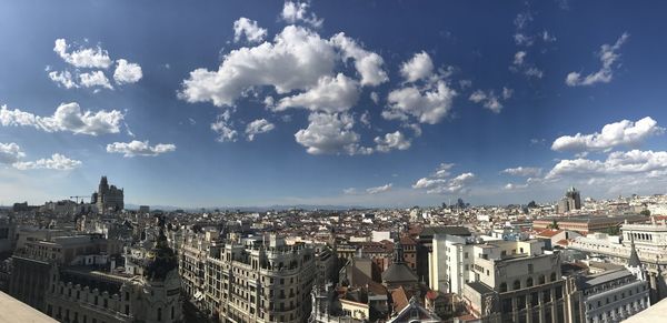 High angle view of city buildings against sky