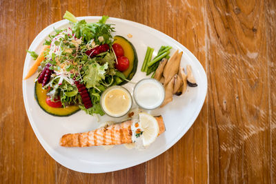 High angle view of food served in plate