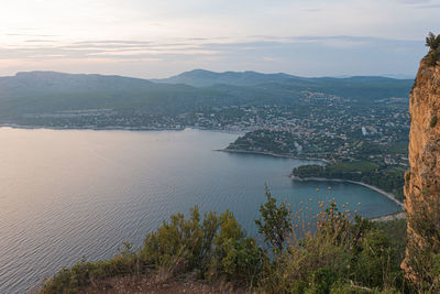 High angle view of bay against sky