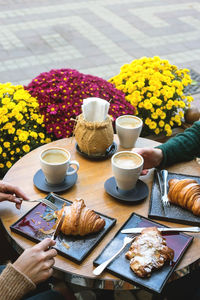 High angle view of breakfast served on table