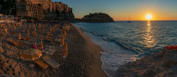 High angle view of beach during sunset