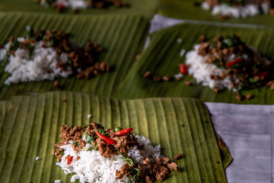 High angle view of meal served on table