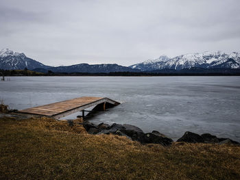 Scenic view of lake against cloudy sky