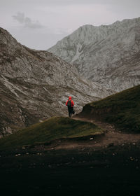 Rear view of hiker walking on mountain against sky