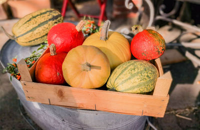 Pumpkins and squash in crate for sale 