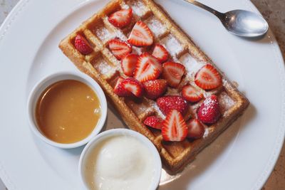 High angle view of breakfast on table