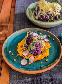 High angle view of food in plate on table