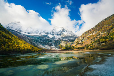 Scenic view of lake by snowcapped mountains against sky