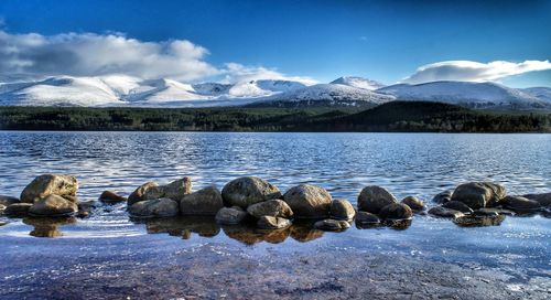 Scenic view of lake by snowcapped mountains against sky