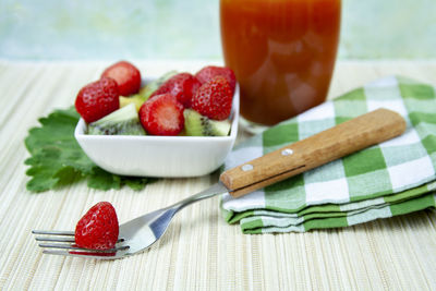 Close-up of strawberries in bowl on table