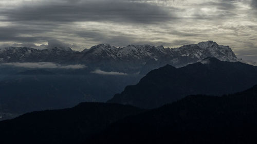 Scenic view of mountains against sky during sunset