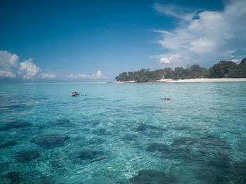 Scenic view of sea against blue sky