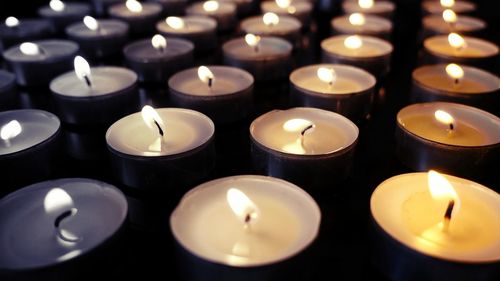 Full frame shot of lit candles in temple