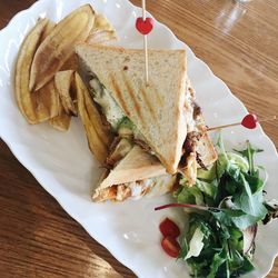 High angle view of food in plate on table