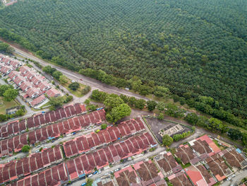 High angle view of farm against sky