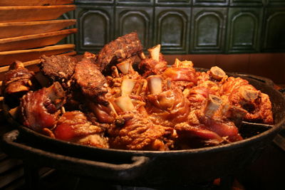 High angle view of meat in cooking pan