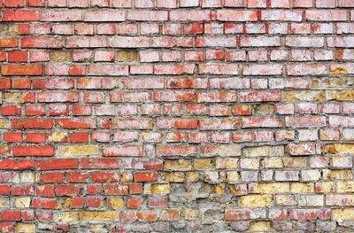 Texture of an old retro red brick wall and brickwork with potholes cracks and spattered with paint.