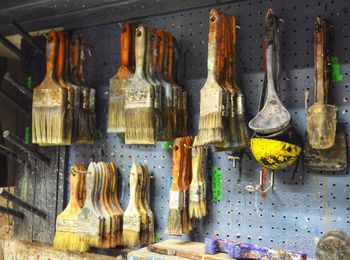View of paint brushes in workshop