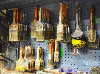 View of wine bottles in glass container