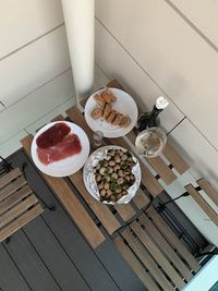 High angle view of food served on table