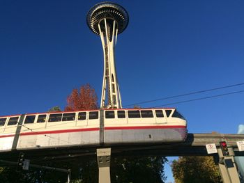 Low angle view of bridge against clear blue sky