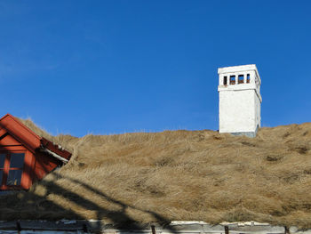 Low angle view of building against clear blue sky