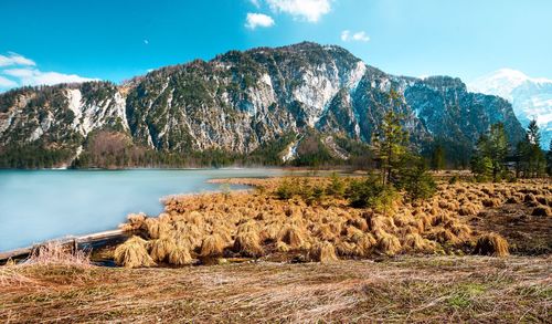 Scenic view of lake and mountains against sky