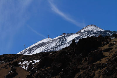 Low angle view of snowcapped mountain against blue sky