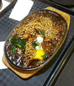 High angle view of soup in bowl on table