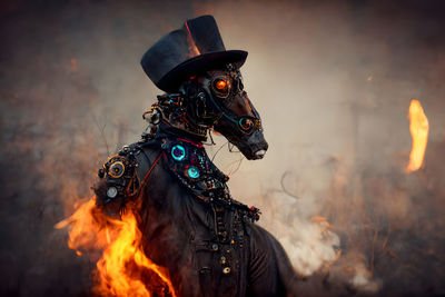 Burning cyberpunk gipsy horse in gothic clothes and black cylider hat, neural network generated art