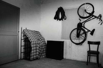 Bicycle hanging on wall
