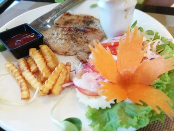 High angle view of breakfast served on table