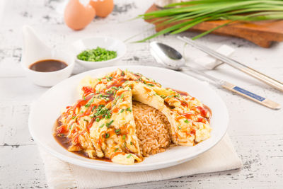 High angle view of food in plate on table