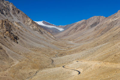 Scenic view of desert against clear blue sky