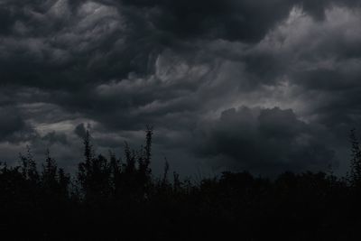 Low angle view of silhouette trees against storm clouds